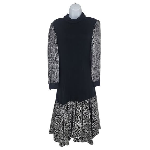 Vintage Dresses & Skirts - Vtg 80s Isadora NY Black Zebra Drop Waist Turtleneck Sweater Dress Size 11/12